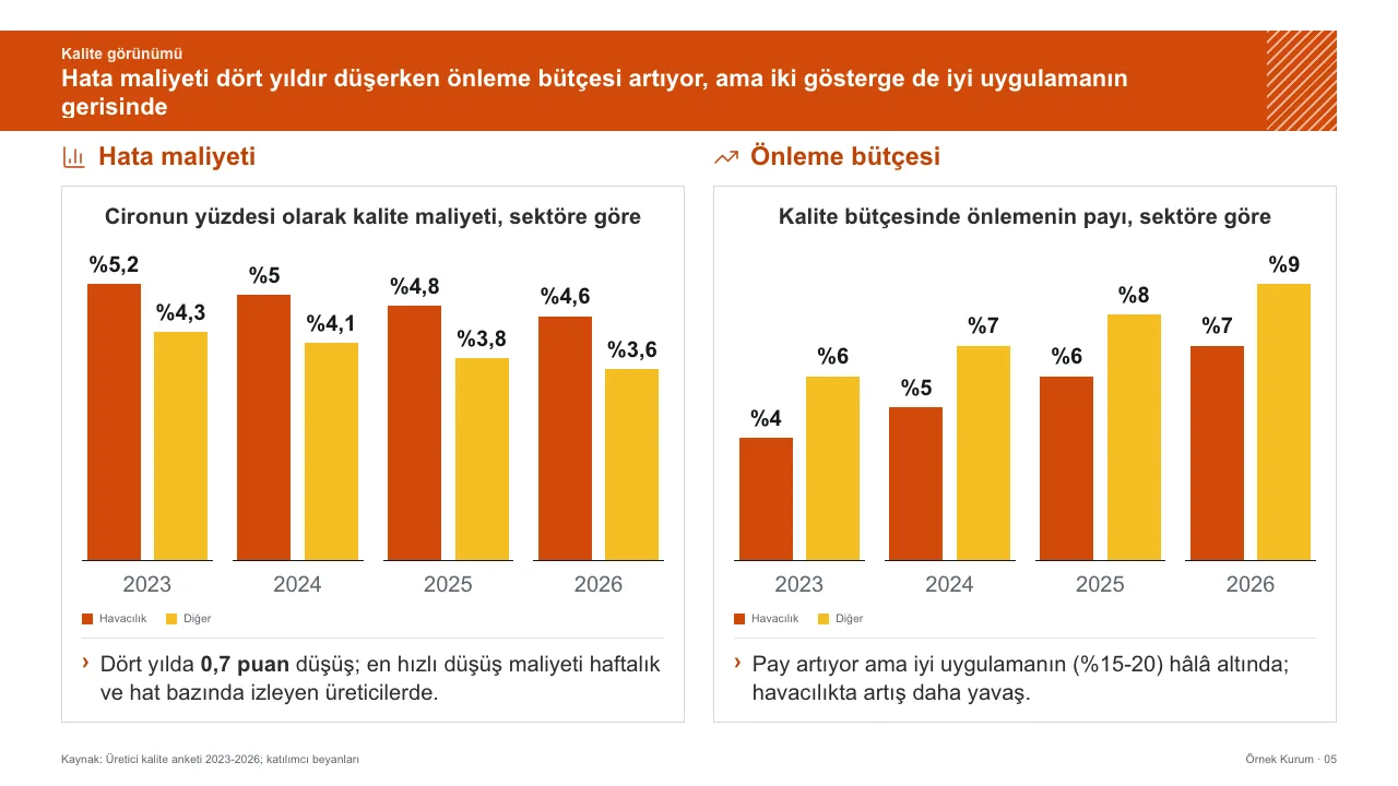 Brifing şablonunda iki sütun grafiği paneli ve altlarında yorum satırları