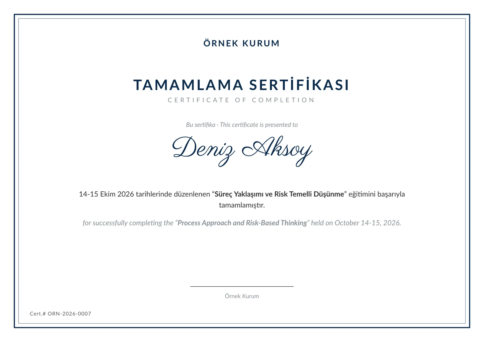 Örnek sınavın klasik şablonlu PDF sertifikası